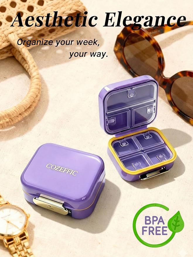 Small Pill Case Travel Pill Box with 7 Compartments for Purse - Compact Pill Organizer for Medicine Vitamin - Portable Container for Supplements & Fish Oil - Lavender