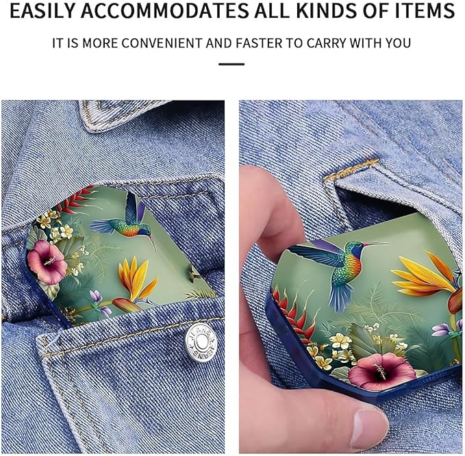 This Portable Hummingbird Tropical Flower Pattern 6 Compartment Pill Box Can Be Placed in A Pocket Or Wallet to Store Vitamins, Medicines Health Supplements Other Medications.