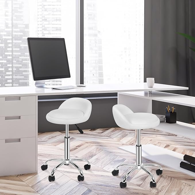 LEMY Rolling Stool Height Adjustable with Back, Swivel Spa Salon Work Office Stools, Task Chair with Wheels, White