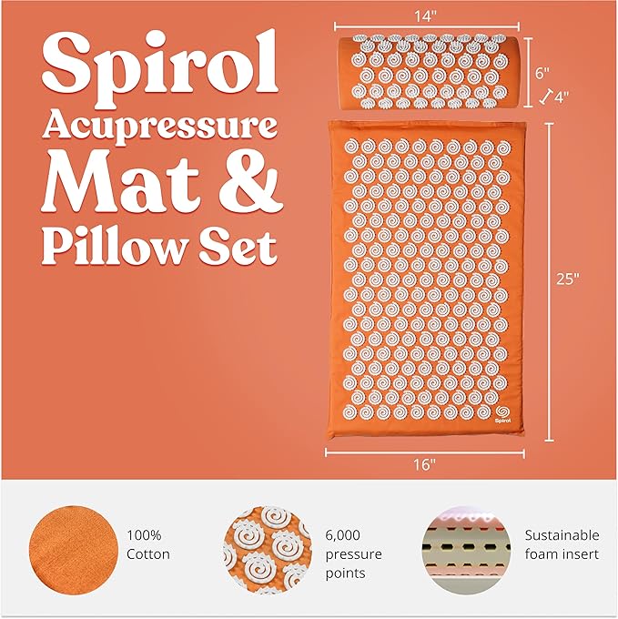 Spirol Acupressure Mat and Pillow Set for Back, Neck and Shoulder Pain Relief, with Flexible Acupressure Spikes, Includes Carry Bag (Orange)