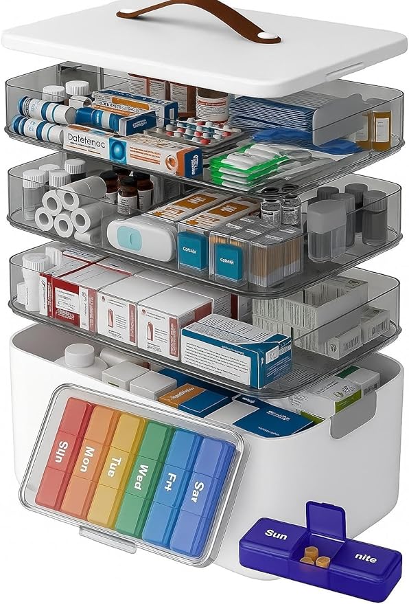 funest 4-Tier XL Medicine Organizer with Leather Handle - Portable Pill Case & Empty First Aid Kit with Removable Trayfor Home, Travel, RV, School, Dorm, White