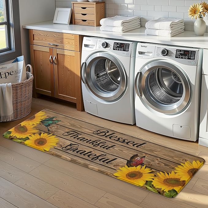 MAYHMYO Sunflower Kitchen Mat Set of 2 - Anti Fatigue Mats for Kitchen Floor - Non Slip Cushioned Rugs for Standing (17.3"×29"+17.3"×47"-0.4") Wood Grain