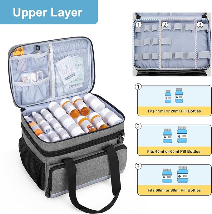 CURMIO Double Layers Pill Bottle Organizer Bag Empty, Medicine Organizer Storage Case with Lockable Zippers, Medication Travel Bag for Prescription Bottles, Medical Supplies, Gray (Patent Design)