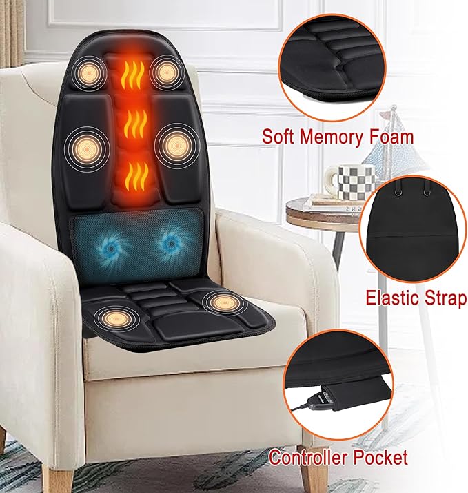 Massage Seat Cushion with Heat, Cooling Back Massager for Chair, Chair Massager for Full Body Massage, Deep Tissue Vibration Pad with 2 Adapters, Gifts for Dad Mom