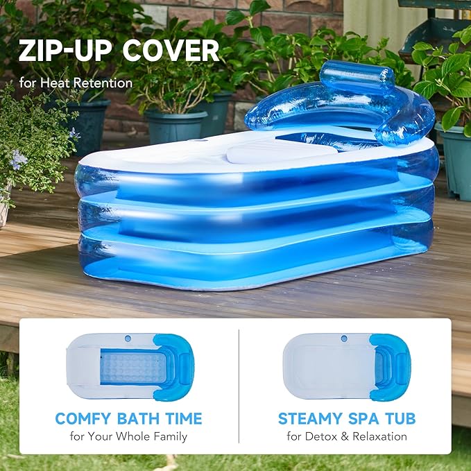 CO-Z Inflatable Bathtub with Electric Air Pump and Bath Pillow Headrest, Portable Blow Up Tub for Adults, Outdoor or Indoor Freestanding Foldable Spa Cover Drainage Hose Cup Holder