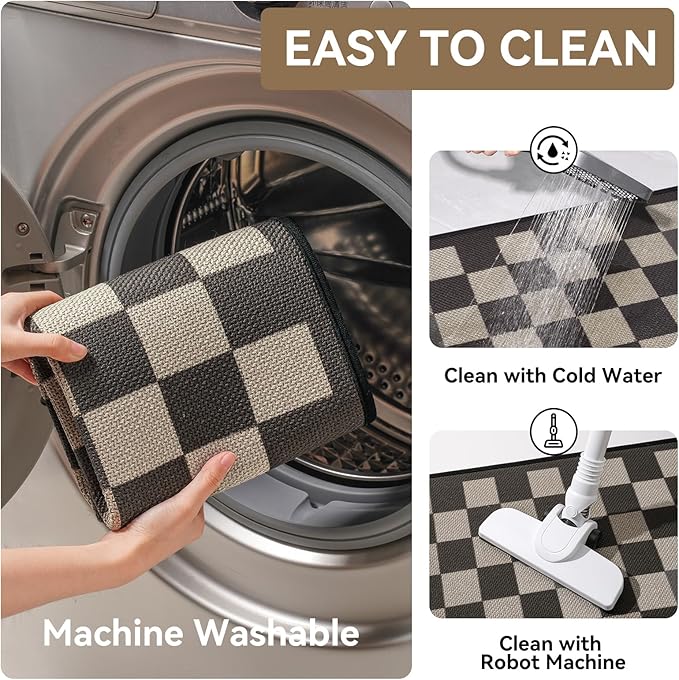 Kitchen Mats for Floor Kitchen Rugs Non Slip Washable, Super Absorbent Linen-Look Woven Kitchen Runner Rug, Sink Mat Standing Mat, Easy Clean, Black Beige Checkered 17"x59"