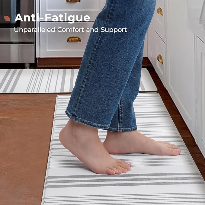 FRESHMINT Farmhouse Stripe Anti-Fatigue Kitchen Mat Set of 2, Cushioned Foam Kitchen Mats for Floor, Waterproof Non Slip Comfort Mat, Modern Kitchen Rug for Kitchen Decor, Sink, Laundry, Office