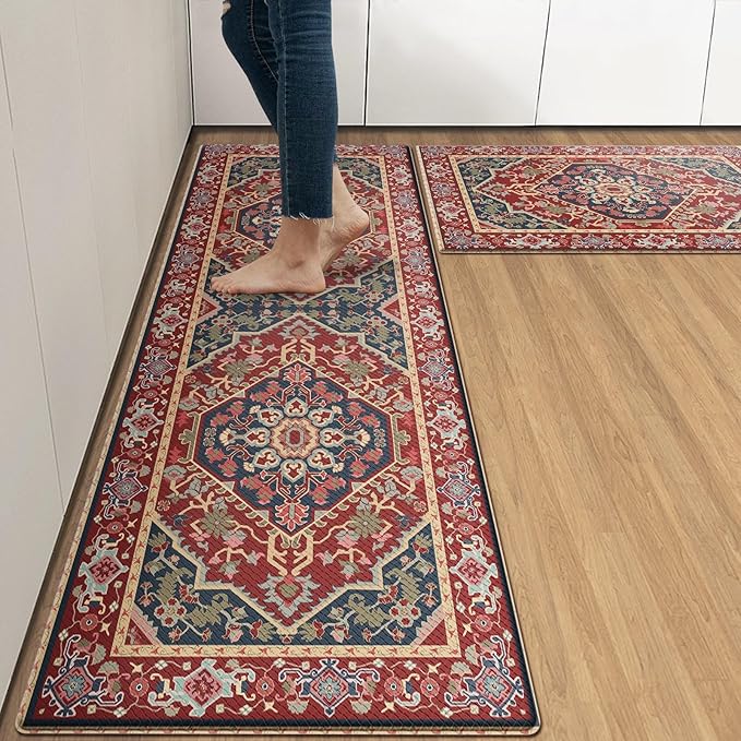 Arttown Boho Anti-Fatigue Kitchen Rug Set of 2 Ethnic Red Cushioned Floor Standing Mat Waterproof Non-Slip Mat and PVC Ergonomic Comfort Foam Rug