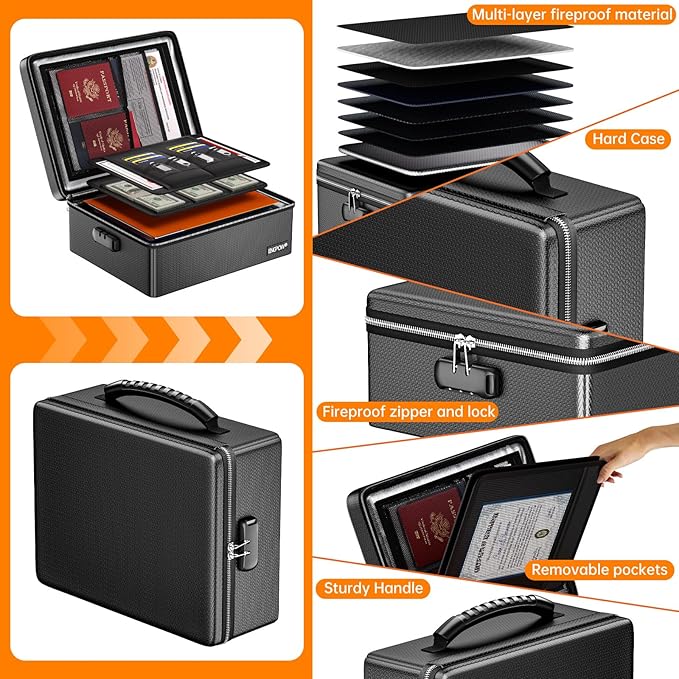 ENGPOW Fireproof Document Box with Lock, Fireproof Water Resistant Heat Insulated Safe Box Hard Case with Fireproof Zipper, Portable Home Office Travel File Organizer for Important Documents and More