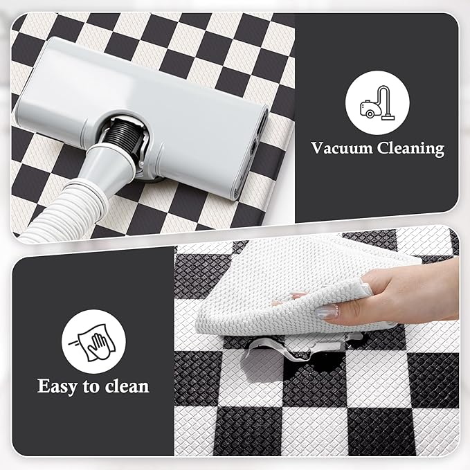 KIMODE Anti Fatigue Kitchen Mat for Floor, 17"x47"+17"x29" Checkered Kitchen Rugs Sets of 2, Kitchen Floor Mats Non-Slip, Cushioned Standing Desk mat for Sink Laundry Office Black and White