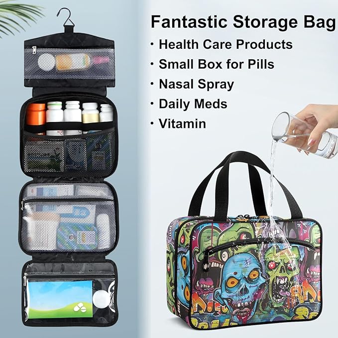 Fustylead Graffiti Art Zombie Green Scary Walking Dead Pill Organizer Bag Large Medicine Travel Carrying Case with Zipper for Vitamin Supplements Fish Oil, Empty First Aid Kit for Hiking Camping