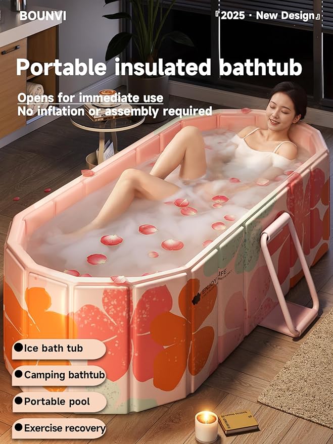59''Portable insulated bathtub, Ice Bath Tub for Athletes, Inflation-free bathtub for shower, Ice Plunge Tub with Cover, Baths at Home & Outdoor（with Cover）