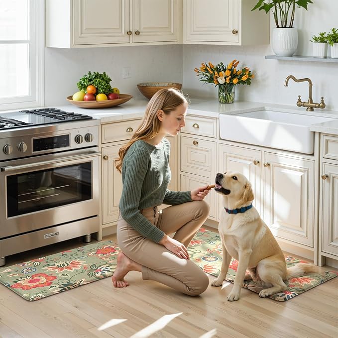 LEEVAN Anti Fatigue Mats for Kitchen Floor 2 Piece,Cushioned Memory Foam Green Kitchen Mats for Floor,Comfort Floral Boho Non Slip Kitchen Floor Mat for Sink,Laundry,Office(17''x29''+17''x47'')