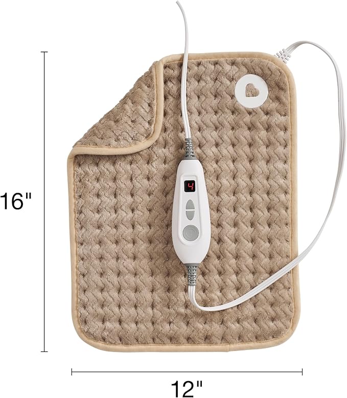 Brookstone Herringbone Portable Heating Pad - Super Soft Plush, 6 Heat Settings, Machine Washable, Easy-to-Use Controller, 16'' x 12'' for Pain Relief, Period Cramps, Warmth (Taupe)