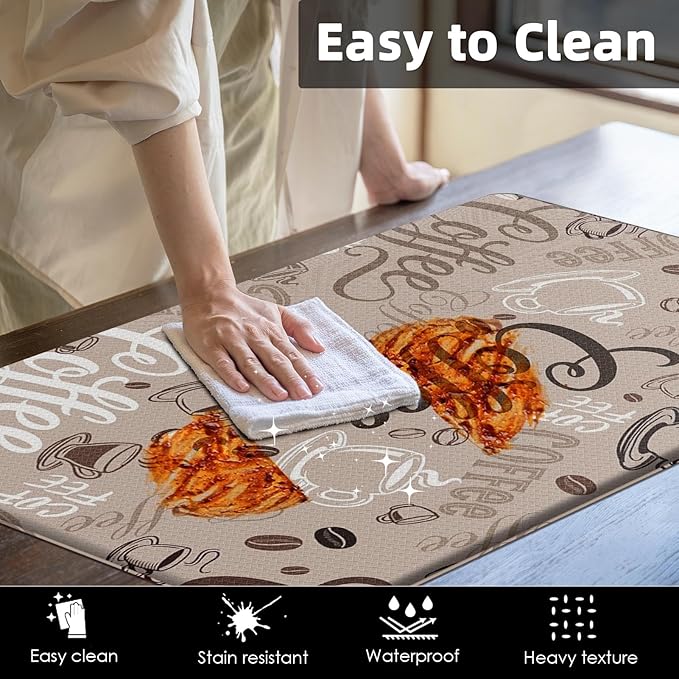 Arttown Coffee Cute Cafe Anti-Fatigue Kitchen Rug Set of 2 Cup Brown Farmhouse Vintage Cushioned Floor Standing Mat Waterproof Non-Slip Kitchen Mat and PVC Ergonomic Comfort Foam Rug