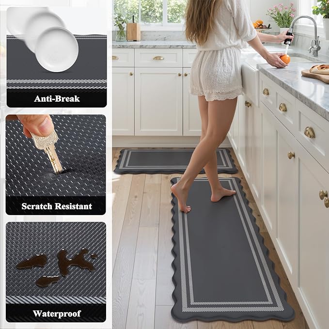 KIMODE Kitchen Mats Cushioned Anti Fatigue, Farmhouse Kitchen Rugs Sets of 2, Dark Grey Scalloped Rugs, Kitchen Floor Mat Non Slip, Comfort Standing Mat for Laundry Office Sink Desk 17"x47"+17"x29"