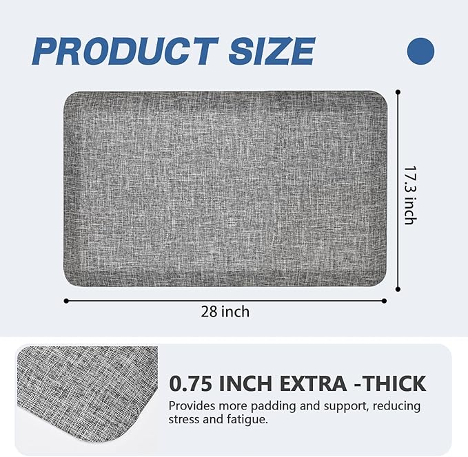 Anti Slip 3/4 inchs Anti Fatigue Kitchen Floor Mat, Ergonomic Comfort Standing Mat, Waterproof Kitchen Runner for Home, Kitchen, Office, Laundry, Garage (Light Gray, 17.3" x 28" -0.75")