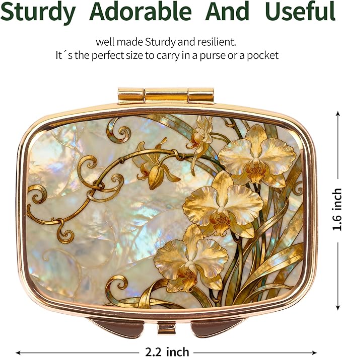 Dynippy Pill Case Pill Box with Mirror Retro Pocket 2 Compartment Medicine Case Vitamin Pill Organizer for Pocket Purse and Travel (Gold- Enamel Copper Flowers)