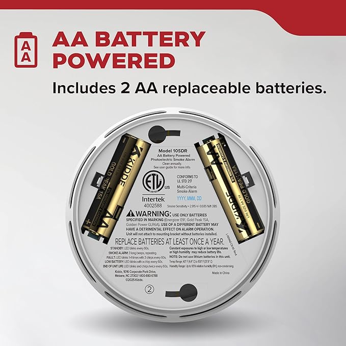 Kidde Smoke Detector, AA Battery Operated, Compact Size, LED Status Light, 85 dB Alarm, 4-inches, 10SDR