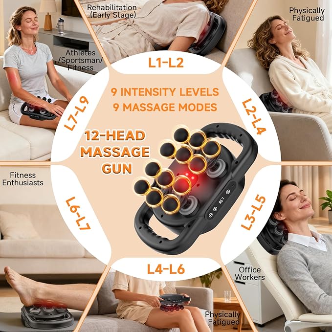 12 Head Massage Gun Deep Tissue with 9 Levels & 9 Modes,Cordless Electric Muscle Massager Tool for Back/Neck/Shoulder/Arm/Hand/Leg/Foot/Full Body Muscle Pain Relief,Ideal Gifts for Men/Women/Mum/Dad