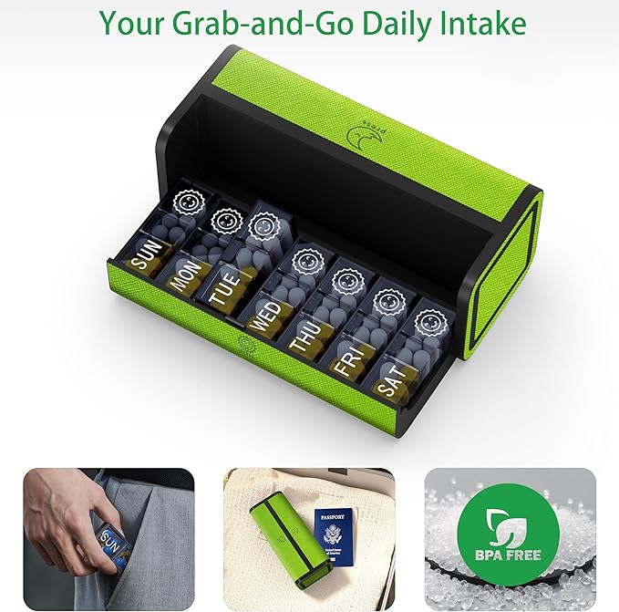 Pill Organizer 7 Day AM PM, Discreet 2 Times a Day Weekly Pill Box with Double Protection Shell, Large Capacity Portable Vitamin Case for Travel Meds & Medicine Organizer (Green)