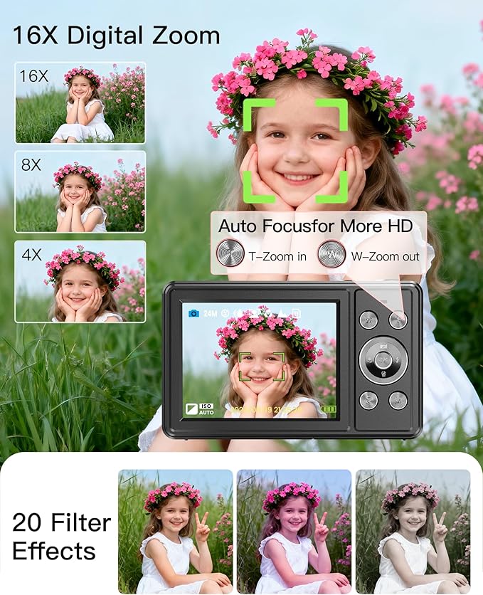 Digital Camera, FHD 1080P Point and Shoot Camera with 32GB SD Card, 2 Batteries, 16X Zoom, Anti Shake, Compact Small Design for Kids Teens Students Girls Boys (Black)
