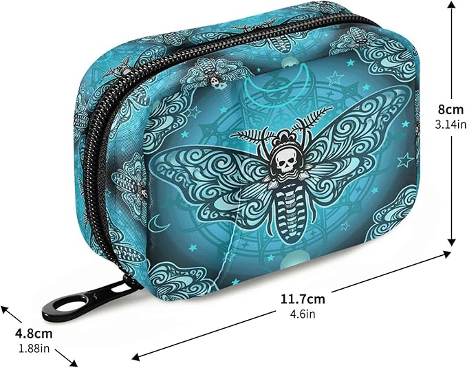 Travel Pill Organizer Bag Weekly Pill Organizer Case Goth Butterfly Skull Teal Portable Small Daily Pill Boxes for Vitamin Fish Oils Supplement Holder with Zipper Compact Size