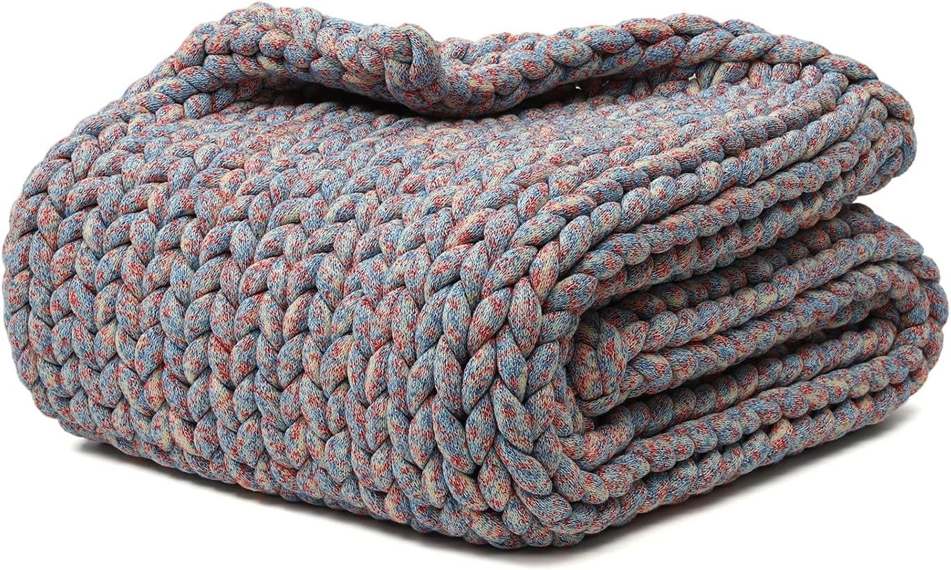 YnM Weighted Blanket, Handmade Chunky Knitted Design, Soft and Cozy, Temperature Regulating and Breathable, Machine Washable Throw for Sleep or Home Decor (Red Blue Fancy Yarn, 50x60 Inch, 10lbs)