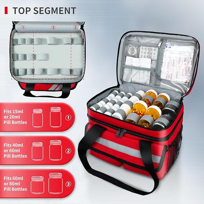Large Pill Bottle Organizer Storage with Removable Dividers & Double Layer, Travel Medication Bag for Prescription Bottles, Medical Supplies, 11.8”x8.1”x9.5” (Red,Bag Only)