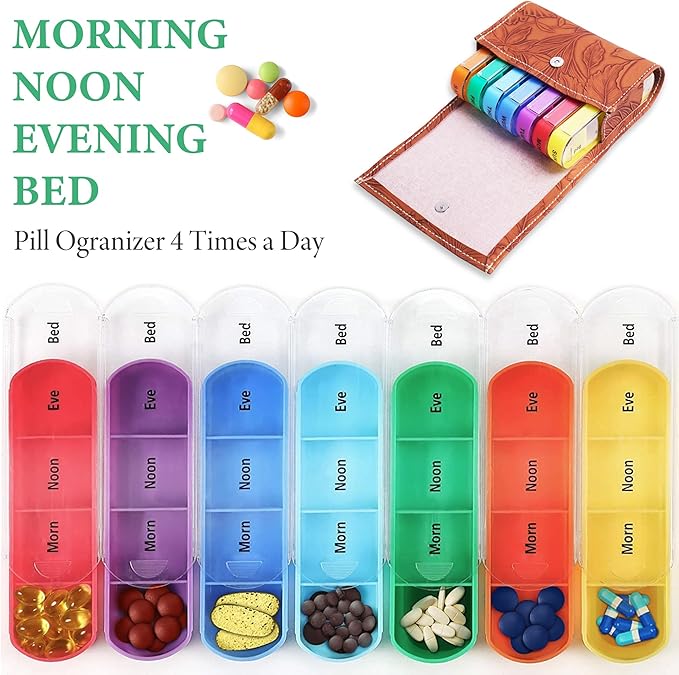 Pill Organizer,LIZIMANDU Weekly Travel Pill Case Box Medication Reminder Daily AM PM, Day Night 7 Compartments,for 4 Times A Day, 7 Days a Week-Includes Leather PU Carrying Case(1-Carved Brown)