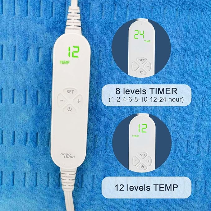 GOQOTOMO Large Electric Heating Pad for Back Pain and Cramps Relief -XL [12"x24"] - Ultra-Soft Heat Pad with Moist & Dry Heat Therapy Options - Auto Shut Off - Hot Heated Pad by-HB003