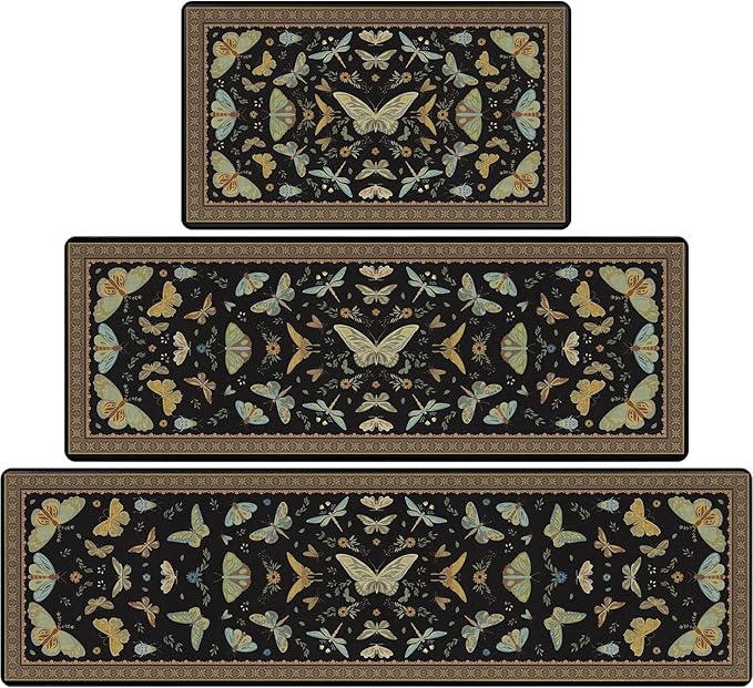 Yinhua Kitchen Rugs Sets of 3, Black Insect Kitchen Rugs Non Slip Washable, Farmhouse Anti Fatigue Mats for Kitchen Floor, PVC Waterproof Rug for Spring Summer, 18''x30''+18''x48''+18''x60''