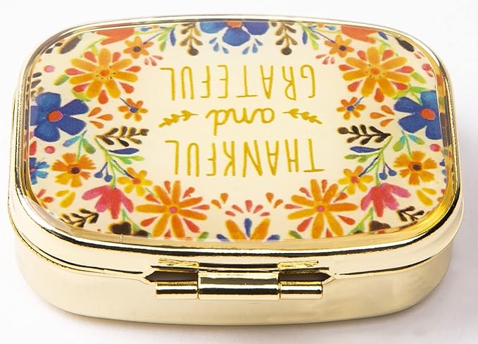 AmyZone Metal Pill Organizer Travel Friendly Portable Compact Pill Box 2 Compartments Pill Case to Hold Vitamins/Tylenol/Fish Oil/Supplements/Meds/Tablet for Purse/Pocket(Thankful and Grateful)