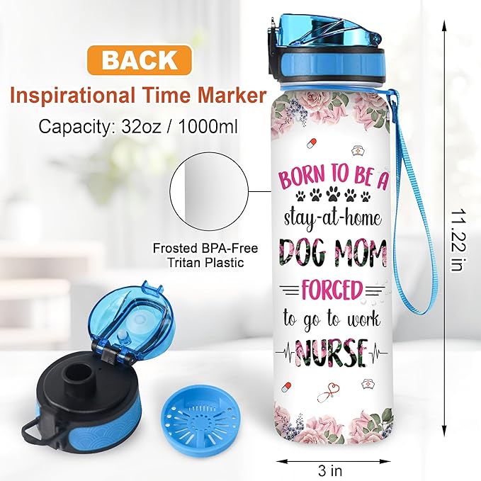 Hyturtle Personalized Born To Be A Stay At Home Dog Mom Forced To Go To Work Nurse 32oz 1Liter Motivational Water Bottle, Water Bottle Funn 5.7 x 7 x29.5(cm)