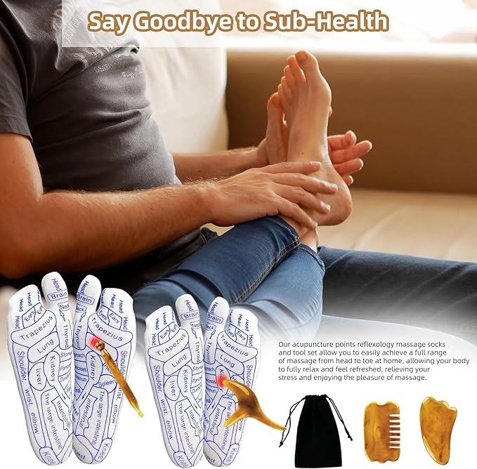Reflexology Socks & Acupressure Tool - 2 Pair Chiro Socks with Pressure Point Massage for Muscle Tension Relief, Storage Bag Included