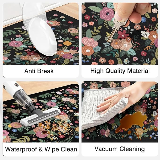 Anti Fatigue Boho Kitchen Rugs Set of 2, Floral Kitchen Mats for Floor, Farmhouse Kitchen Decor, Anti-Slip and Anti-Fatigue Foam Standing Mat,17x30 inch Sink Mat+17x48 inch Runner Rug Black