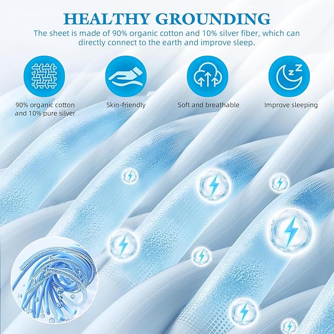 Levoo Grounding Sheets Cal King 90% Organic Cotton + 10% Pure Silver Fitted Grounded Sheet for Healthy Sleep Therapy Earth Connected Bed Sheet with Long Grounding Cord (Gray 72"x 84"x 16")