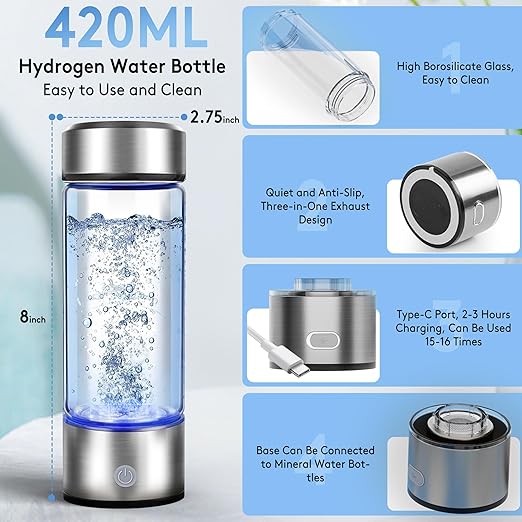 Hydrogen Water Bottle, 2800PPB in 3Min, SPE PEM Tech, Portable 16OZ, Rechargeable Hydrogen Water Bottle for Travel, Home, Office – Gift for Family & Friends (XR-20)