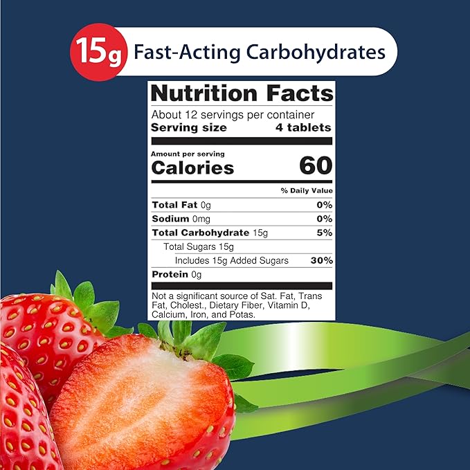 TRUEplus Glucose Tablets, Chewable, Strawberry Flavor, 15g Fast-Acting Carbohydrates, Fat Free, Gluten Free, Raise Low Blood Sugar and Boost Energy, 50 Count, 12 Bottles