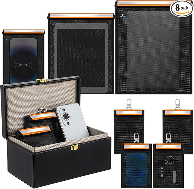 8 Pack 1 Pcs Large Faraday Box with 7 Pcs Faraday Bags(L, M and S) for Car Keys, Laptops, Tablets, Phones, Fireproof and Waterproof Key Protector for Car Security(Orange)