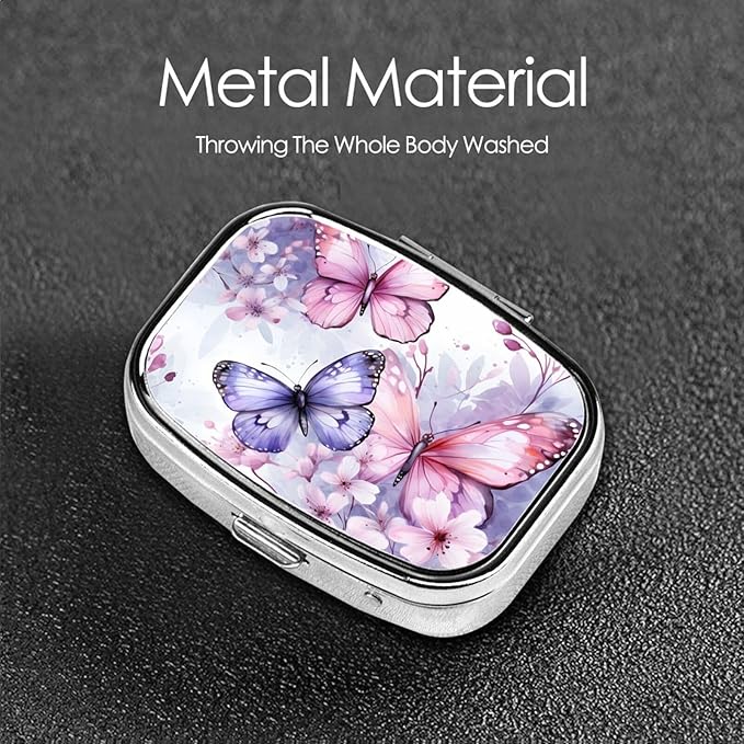 Watercolor Butterfly Flowers Pill Box with Mirror 2 Compartment Metal Square Small Pill Case for Purse Pocket Portable Pill Container Holder Travel Medicine Organizer for Vitamin Fish Oil Supplement