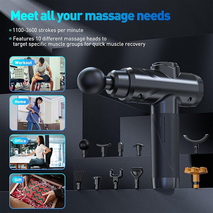 Massage Gun, Deep Tissue Percussion Massager for Pain Relief, Super Quiet Portable Body Relaxation Electric Muscle Massage Gun with 10 Attachment 30 Speed