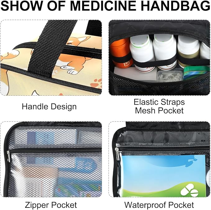 Fustylead Cute Shiba Inu and Paw Prints Travel Pill Bottle Organizer Large Home Storage Medication Bag with Zipper for Vitamins, First Aid, Fish Oil, Medical Supplies