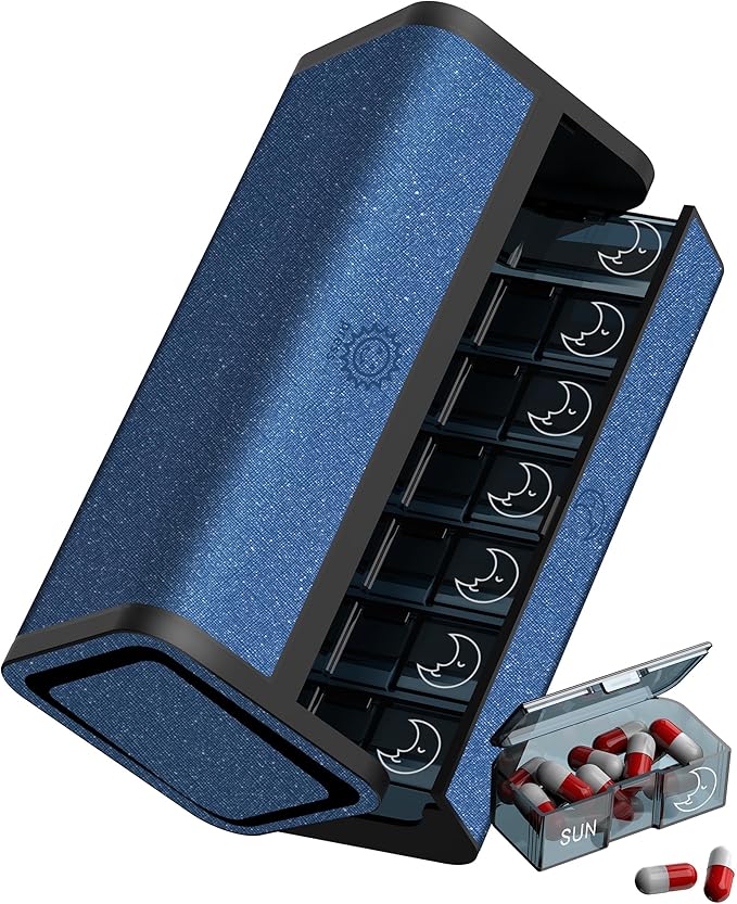 Weekly Pill Organizer, Travel AM PM Pill Box 7 Day, Large Removable 2 Times a Day Medicine Case, Luxury Twice Daily Portable Foldable Vitamin Dispenser for Supplement (Blue)