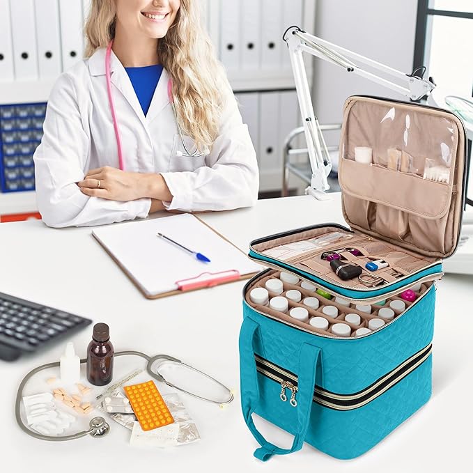 Yarwo Pill Bottle Organizer Storage Bag, 3 Layers Medicine Travel Case Empty with Demountable Design and Dividers for Pills, Potions, Vitamins and Emergency First Aid Supplies, Teal (PATENT DESIGN)