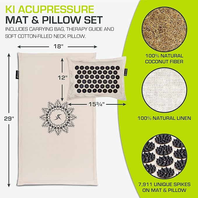 ProsourceFit Ki Acupressure Mat and Pillow Set with 100% Natural Linen for Back/Neck Pain Relief and Muscle Relaxation