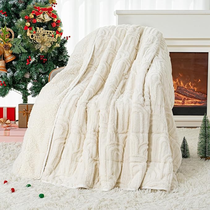 Cottonblue Jacquard Weighted Blanket for Adults 15 lbs Queen Size, Soft Fluffy Sherpa Fleece Weighted Throw Blankets 60" x 80" for Sleep Relax, Fuzzy Warm Arch Heavy Blanket for Bed Couch, Cream White