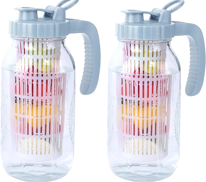 64 Oz Glass Mason Jar Pitcher With Infuser Lid Half Gallon Mason Fruit Infused Water Pitcher 2 Quart Wide Mouth Sun Tea Jar For Outside For Fridge Lemonade, Beverage,Milk,Juice, Cold Brew Container