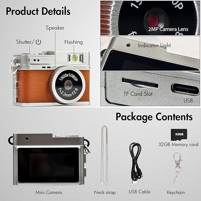 Mini Retro Camera,1080P Keychain Camera, Vintage Tiny Digital Video Recorder with 32GB Card, 0.96'' HD Retro Snap Micro Recorder for Travel Study(Brown)