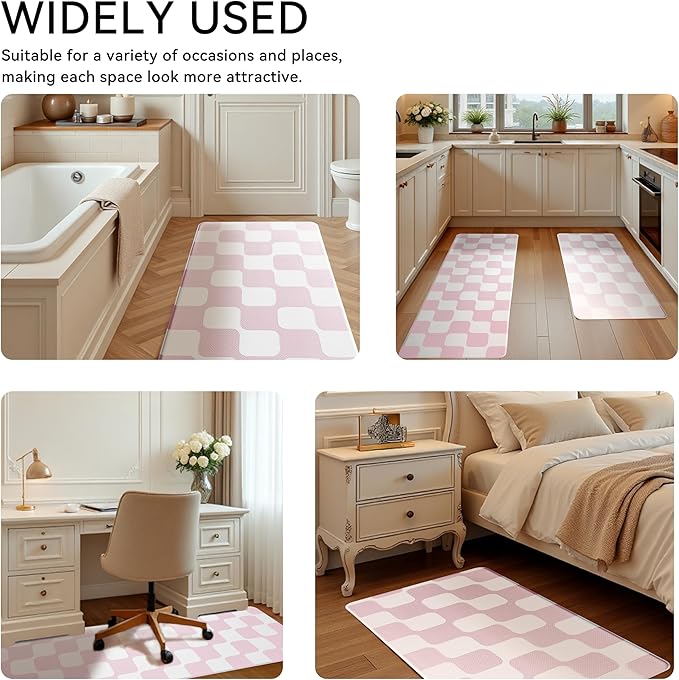 Pink Retro Curvy Checkered Grid Checkerboard Kitchen Rug Sets [2 PCs], Anti-Fatigue, Waterproof Non-Slip Kitchen Mats Heavy Duty Comfort Foam Rug for Floor, Home, Laundry,17"x29"+17"x47"